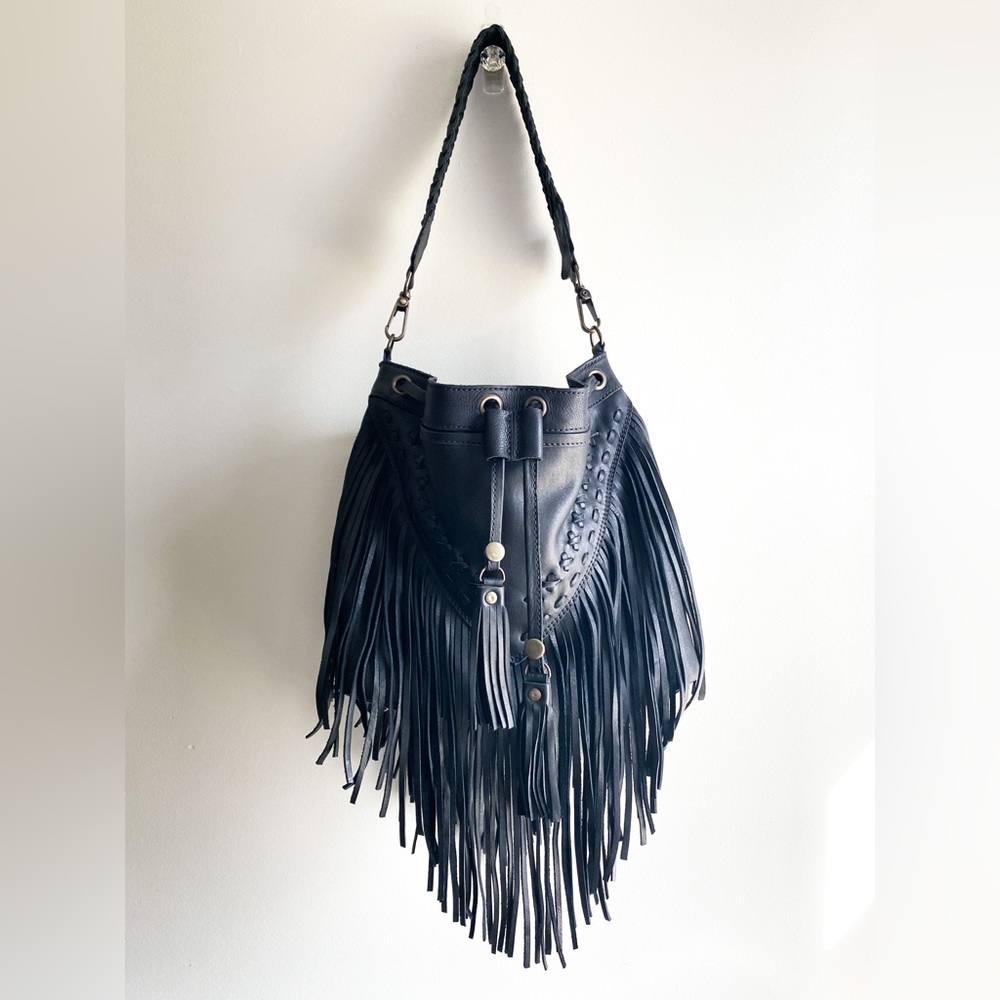 Chisan Black Leather Fringe Hobo Bag with Braided Strap